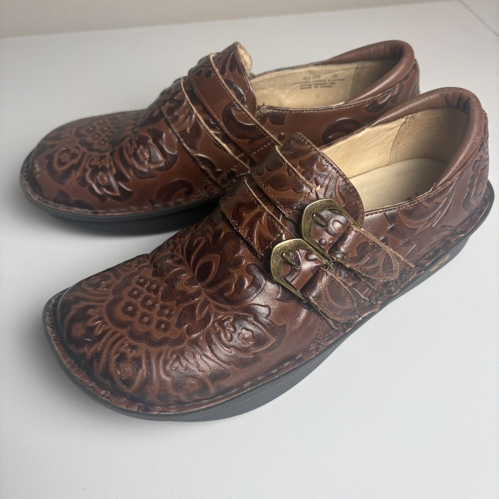 Algeria Alli Double Buckle Women Brown-Leather Slip On Clogs Shoes SIZE 39/ US 9
